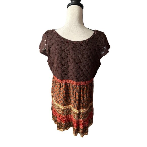 Boho Crochet Top NY Collection Babydoll Brown Retro Orange Yellow Pattern Large - Picture 3 of 6